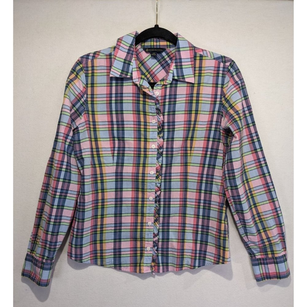 Brooks Brothers Button Down Shirt Women's Size 6 Colorful Plaid Western Ruffle
